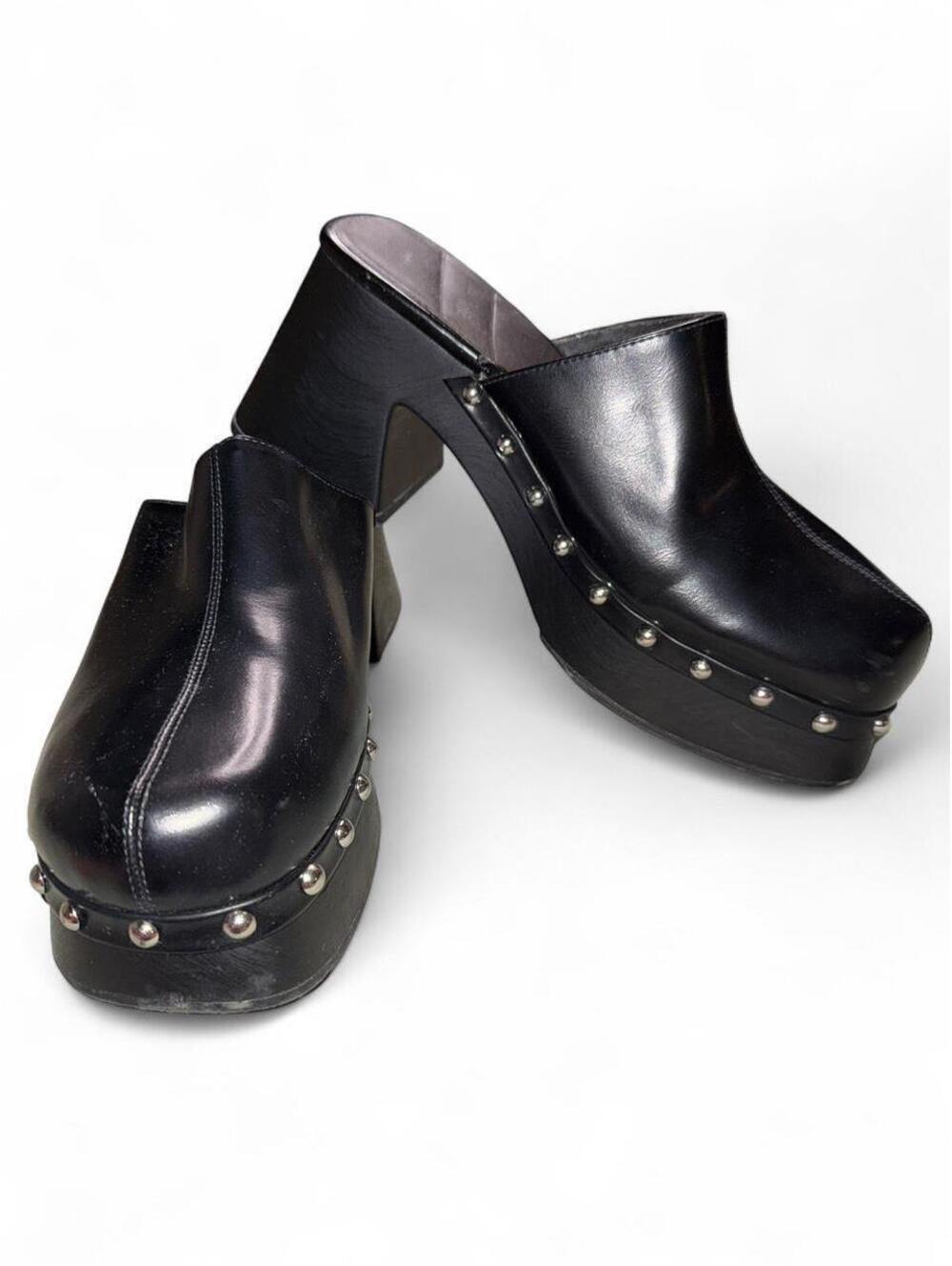 Zara Womens studded Black faux leather Clog chunky heel 9 y2k goth grunge hard